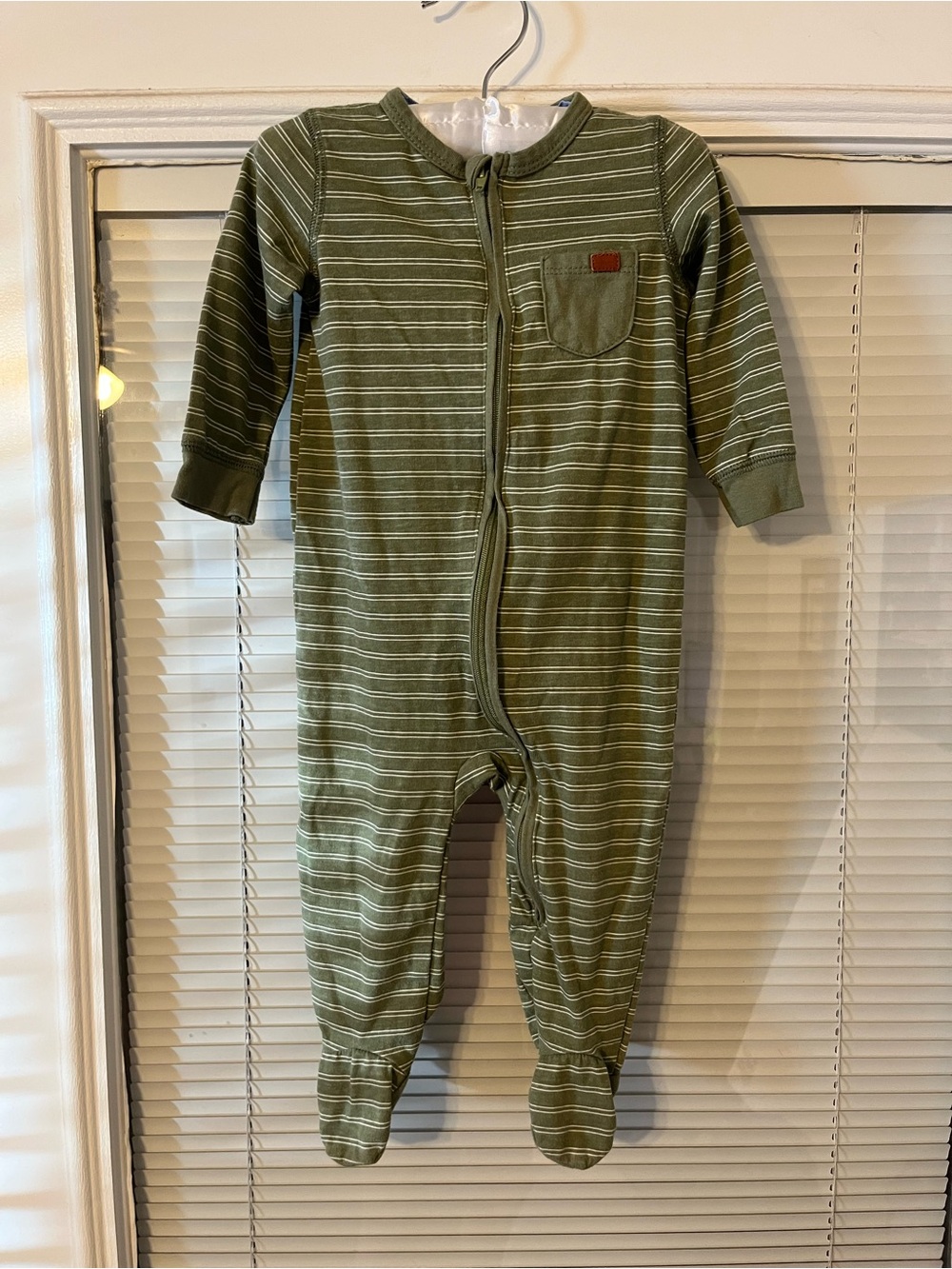 7 For All Mankind 6-9 Months Olive Green Striped Footed One-Piece Baby Kids